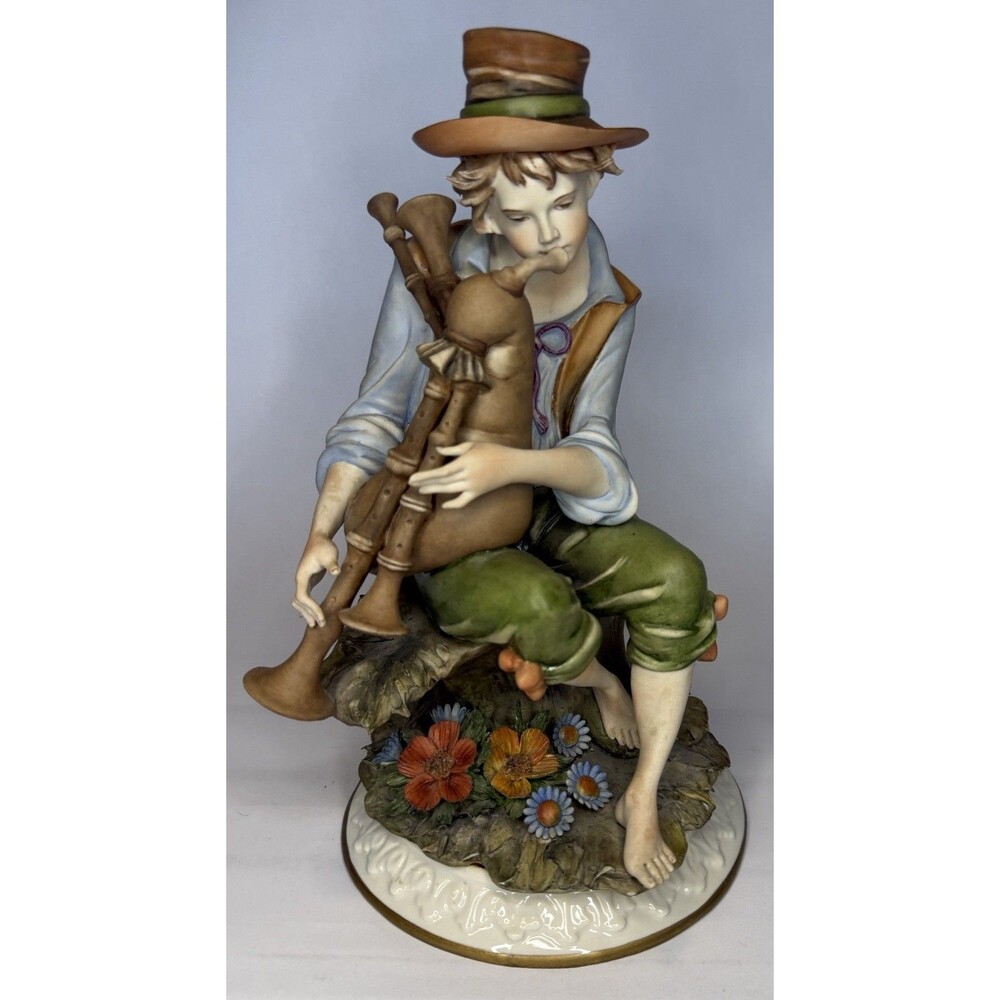 Nico Venzo Italian Porcelain Figurine Boy Playing Bagpipes Capodimonte Style VTG